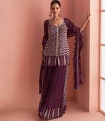 Wine embroidery mirror & printed work chinnon silk short top palazzo suit-free size(size upto 42")