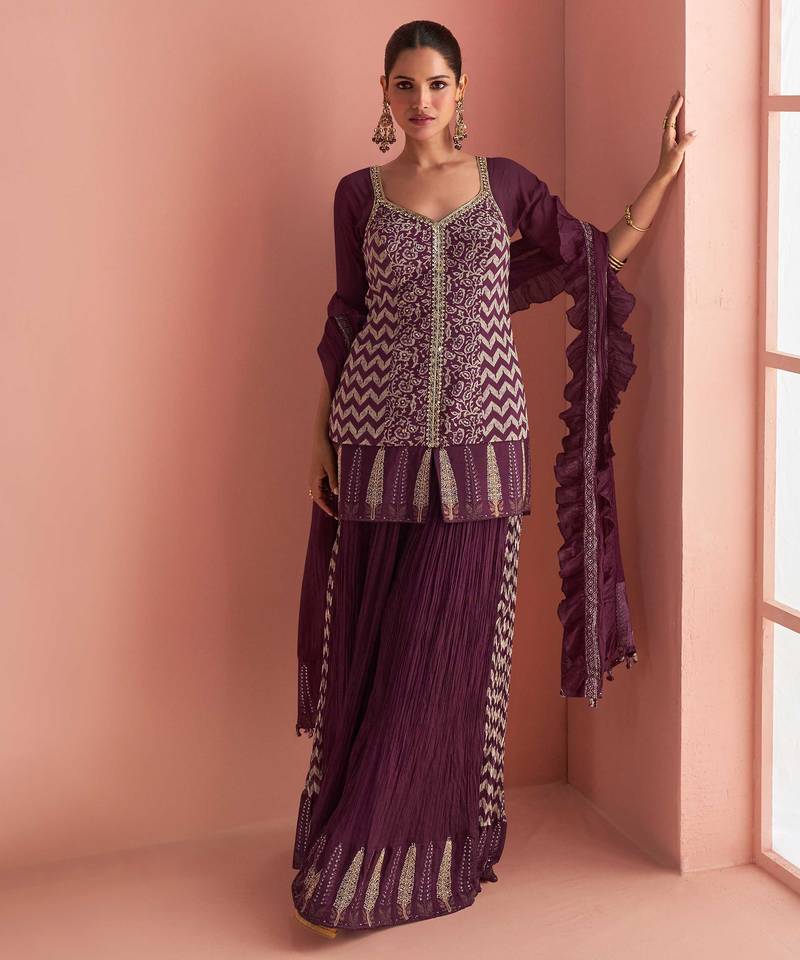 Wine embroidery, mirror & printed work chinnon silk short top palazzo suit-free size stitching (size upto 42")