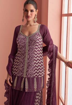 Wine embroidery mirror & printed work chinnon silk short top palazzo suit-free size(size upto 42") 2