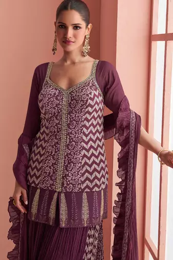 Wine embroidery mirror & printed work chinnon silk short top palazzo suit-free size(size upto 42")