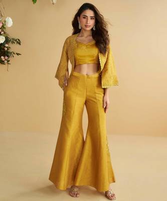 Mustard embroidery sequins & beads work silk blouse palazzo suit with jacket-free size(size upto 42") 1