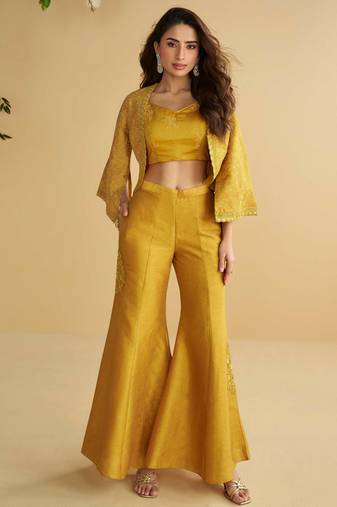 Mustard embroidery, sequins & beads work silk blouse palazzo suit with jacket-free size stitching (size upto 42")