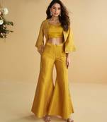 Mustard embroidery sequins & beads work silk blouse palazzo suit with jacket-free size(size upto 42")