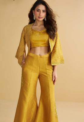 Mustard embroidery sequins & beads work silk blouse palazzo suit with jacket-free size(size upto 42") 2