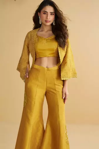 Mustard embroidery sequins & beads work silk blouse palazzo suit with jacket-free size(size upto 42")