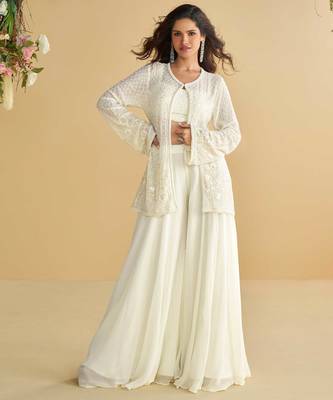 White embroidery sequins & beads work gerogette blouse palazzo suit with jacket-free size(size upto 42") 1