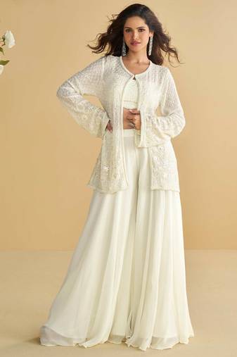 White embroidery sequins & beads work gerogette blouse palazzo suit with jacket-free size stitching (size upto 42")