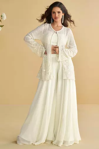 White embroidery sequins & beads work gerogette blouse palazzo suit with jacket-free size stitching (size upto 42")