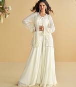 White embroidery sequins & beads work gerogette blouse palazzo suit with jacket-free size(size upto 42")