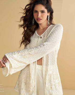 White embroidery sequins & beads work gerogette blouse palazzo suit with jacket-free size(size upto 42") 2