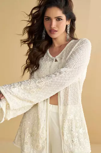 White embroidery sequins & beads work gerogette blouse palazzo suit with jacket-free size(size upto 42")