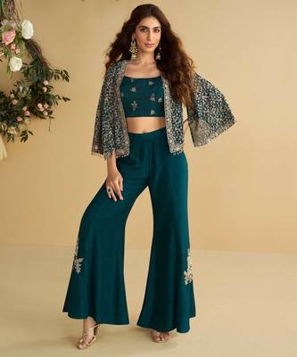 Navy blue embroidery sequins & beads work silk blouse palazzo suit with jacket-free size(size upto 42") 1