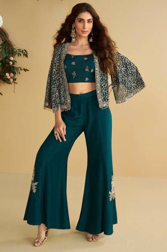 Navy blue embroidery, sequins & beads work silk blouse palazzo suit with jacket-free size stitching (size upto 42")