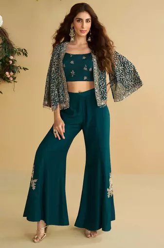 Navy blue embroidery sequins & beads work silk blouse palazzo suit with jacket-free size(size upto 42")