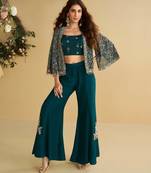 Navy blue embroidery sequins & beads work silk blouse palazzo suit with jacket-free size(size upto 42")