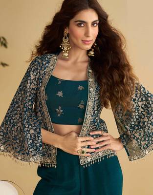 Navy blue embroidery sequins & beads work silk blouse palazzo suit with jacket-free size(size upto 42") 2