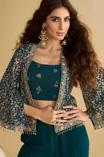 Navy blue embroidery sequins & beads work silk blouse palazzo suit with jacket-free size(size upto 42")