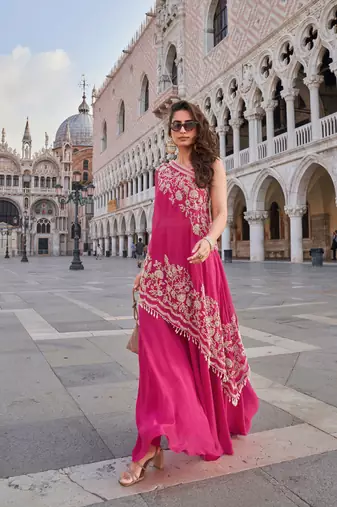 Rani pink embroidery, sequins & beads work crep high-low top palazzo suit -free size stitching (size upto 42")
