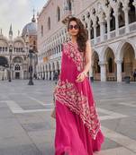 Rani pink embroidery, sequins & beads work crep high-low top palazzo suit -free size stitching (size upto 42")