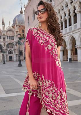Rani pink embroidery, sequins & beads work crep high-low top palazzo suit -free size stitching (size upto 42") 2