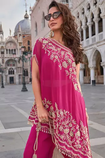 Rani pink embroidery, sequins & beads work crep high-low top palazzo suit -free size stitching (size upto 42")