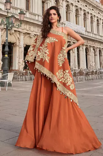 Orange embroidery sequins & beads work crep high-low top palazzo suit -free size stitching (size upto 42")