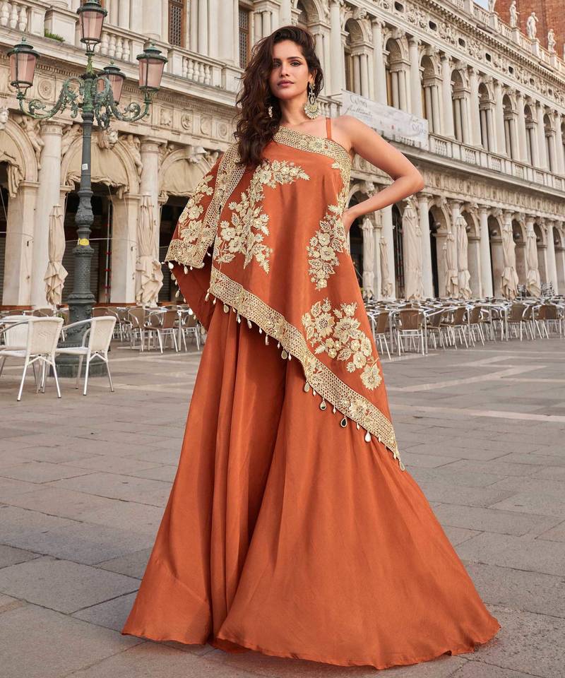 Orange embroidery sequins & beads work crep high-low top palazzo suit -free size stitching (size upto 42")