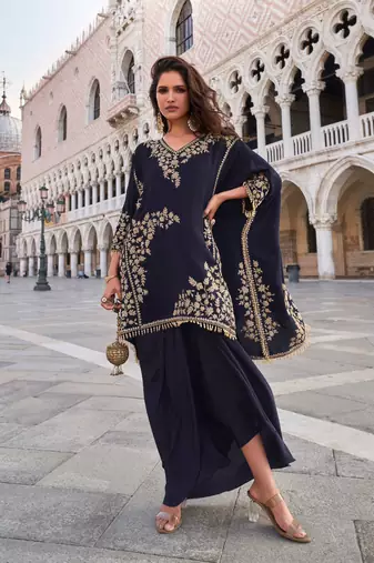 Black embroidery, sequins & beads work crep kaftan skirt suit -free size stitching (size upto 42")