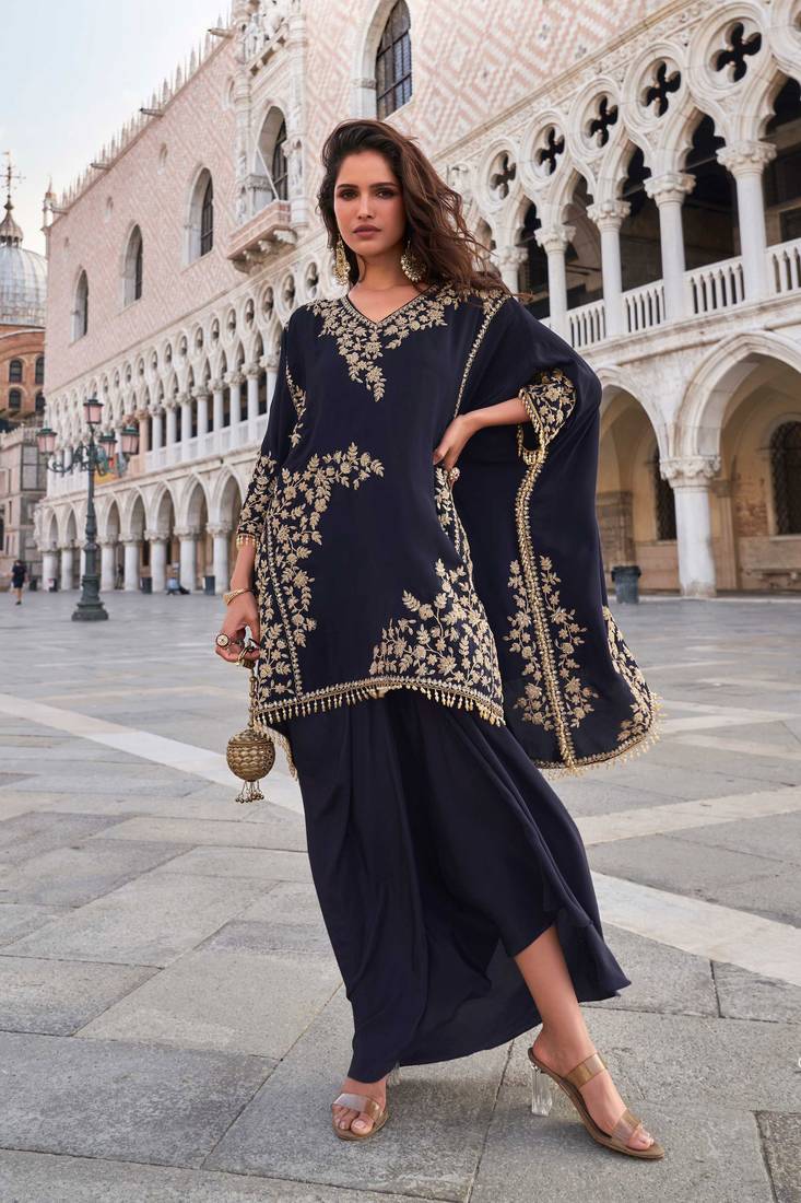 Black embroidery, sequins & beads work crep kaftan skirt suit -free size stitching (size upto 42")