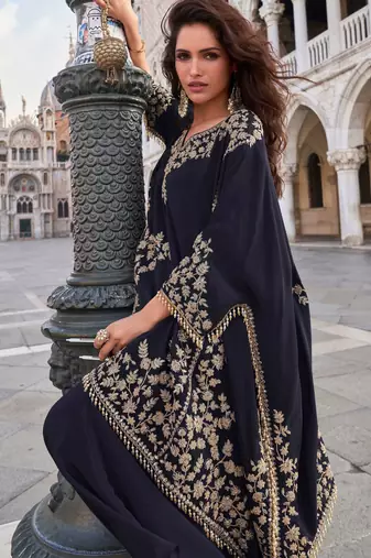 Black embroidery sequins & beads work crep kaftan  suit -free size(size upto 42")