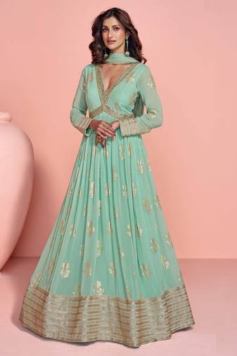 Sea green embroidery, sequins work viscos jacquard silk gown suit -free size stitching (size upto 42")