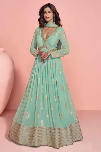 Sea green embroidery, sequins work viscos jacquard silk gown suit -free size stitching (size upto 42")