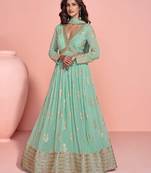 Sea green embroidery, sequins work viscos jacquard silk gown suit -free size stitching (size upto 42")
