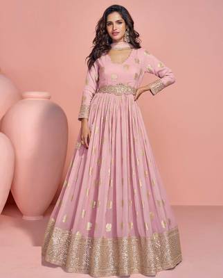 Rose pink embroidery sequins work viscos jacquard silk gown suit -free size stitching (size upto 42") 1