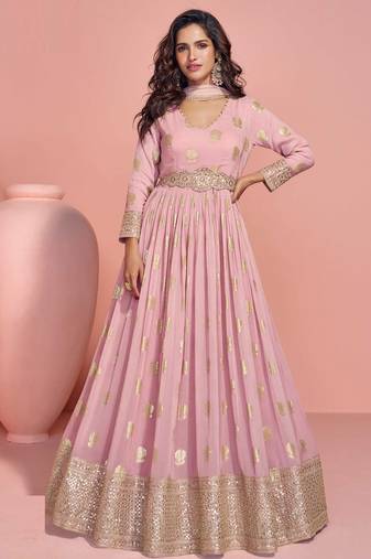Rose pink embroidery sequins work viscos jacquard silk gown suit -free size stitching (size upto 42")