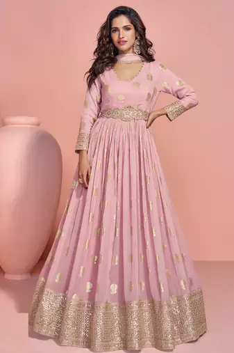 Rose pink embroidery sequins work viscos jacquard silk gown suit -free size stitching (size upto 42")