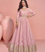Rose pink embroidery sequins work viscos jacquard silk gown suit -free size stitching (size upto 42")