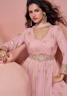 Rose pink embroidery sequins work viscos jacquard silk gown suit -free size stitching (size upto 42") 2