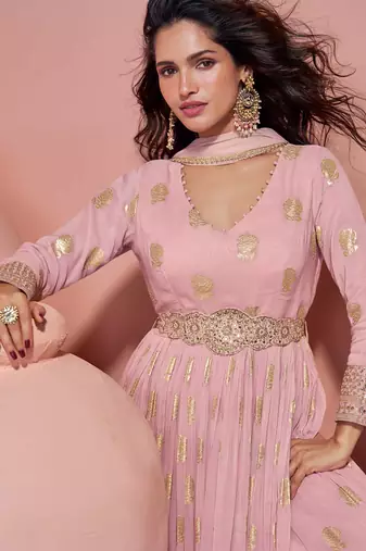 Rose pink embroidery sequins work viscos jacquard silk gown suit -free size stitching (size upto 42")