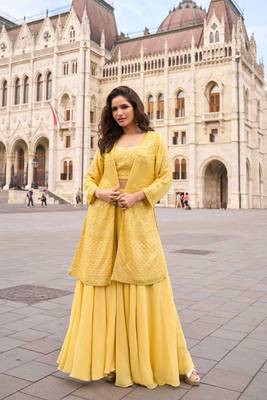 Yellow embroidery zari & sequins work gerogette blouse palazzo suit with jacket-free size(size upto 42") 1