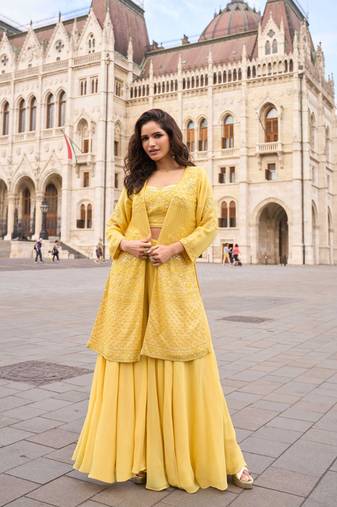 Yellow embroidery, zari & sequins work gerogette blouse palazzo suit with jacket-free size stitching (size upto 42")