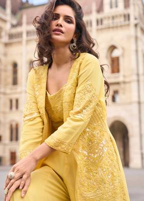 Yellow embroidery zari & sequins work gerogette blouse palazzo suit with jacket-free size(size upto 42") 2