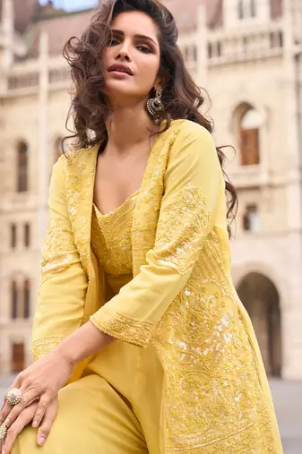 Yellow embroidery zari & sequins work gerogette blouse palazzo suit with jacket-free size(size upto 42")