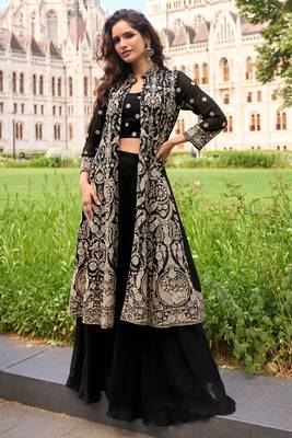 Black embroidery, zari& sequins work gerogette blouse palazzo suit with jacket-free size stitching (size upto 42") 1