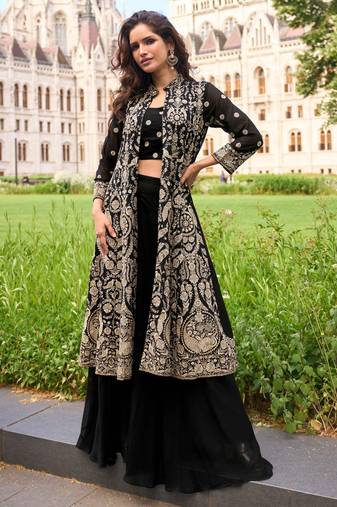 Black embroidery, zari& sequins work gerogette blouse palazzo suit with jacket-free size stitching (size upto 42")