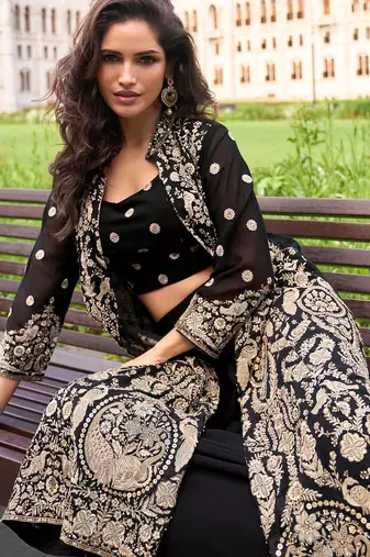 Black embroidery, zari& sequins work gerogette blouse palazzo suit with jacket-free size stitching (size upto 42")