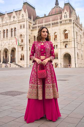 Rani pink embroidery, zari & sequins work gerogette blouse palazzo suit with jacket-free size stitching (size upto 42")