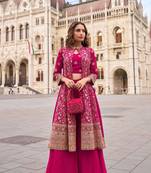 Rani pink embroidery, zari & sequins work gerogette blouse palazzo suit with jacket-free size stitching (size upto 42")