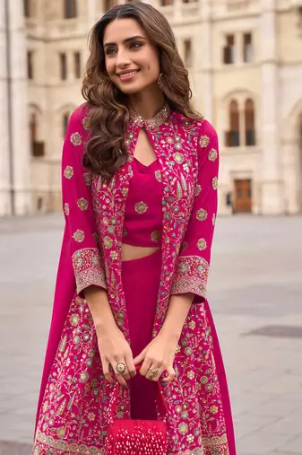 Rani pink embroidery, zari & sequins work gerogette blouse palazzo suit with jacket-free size stitching (size upto 42")