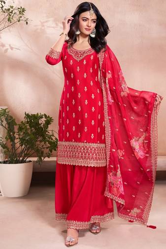 Women's Gorgeous Embroidery Vichitra Silk Fabric Straight Kurta, Sharara and Dupatta Set